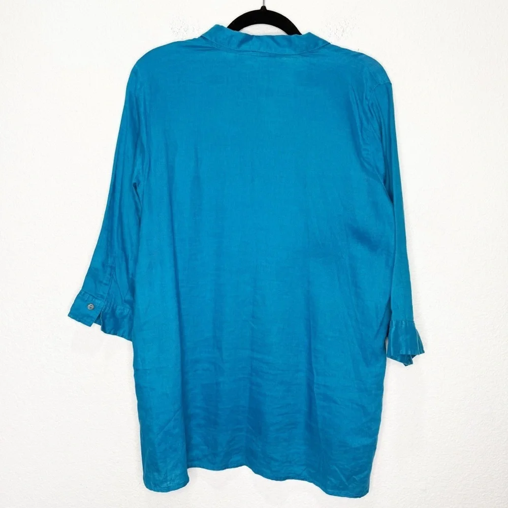 J. Jill Love Linen Tahitian Teal Popover Button Tunic Top Blouse - Picture 6 of 10